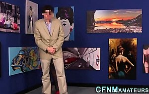 Clothed blonde sucks cock