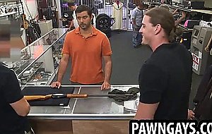 Amateur stud gets nude for some pics at the pawn shop