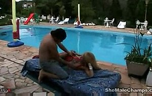 Ts blonde fed up with dong & cum by the pool