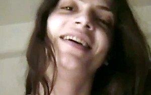 Cute brunette blows, fucks and swallows 