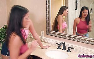 Sexy lesbian tribs their pussies and cum all over the bathroom