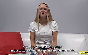 Casting of 20 yrs old young blonde goes slippery