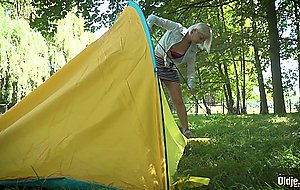 Lusty teen blonde bangs grandpa in the woods