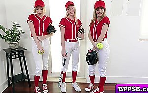 Baseball babes Dixie Lynn Lola Leda and Athena May sharing one big cock