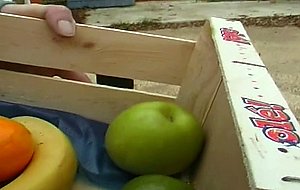 Chubby german chick masturbating with a cold banana from the fridge