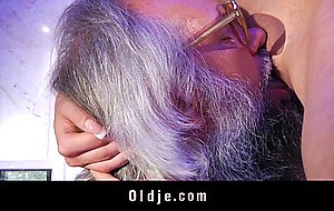 Horny brunette fucks hairy oldman in her bathroom