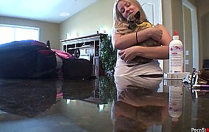 Busty blonde bitch interview + bikini strip