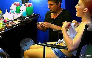 Redhead with natural tits gives oral and gets cums