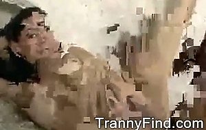 Busty brunette TS drilling