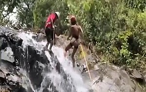 Three very sweet busty playgirls go naked cave jumping