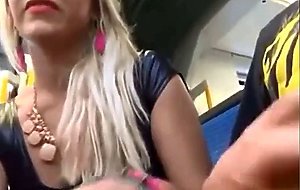 confident girlfriend gives nervous boyfriend blowjob on bus