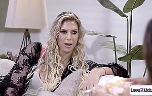 Tattooed milf licks asian teens pussy and gets hers fingered