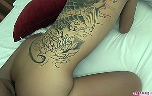 Shy Asian girl with a hairy pussy gets creampied