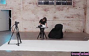 Shy shemale Khloe Kay photo model fucked in threesome with perverted MILF