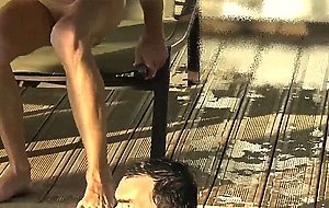 Four men at swimming pool