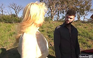 Big tit shemales reward a guy with blowjob and bareback anal