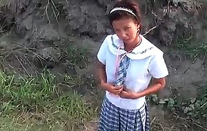 Asian teen swallows cum outside