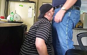 Daddy trucker dumps a quick load in Chubby Boy's mouth...