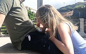 Blondieblow, very risky public bj with a huge cumshot
