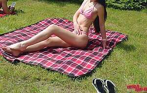 Nicole and alex, pretty woman asked to smear her back with cream. outdoor sex. close-up of cum in