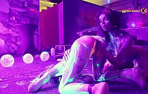 Neon party escalates, girls fuck and scream with pleasure