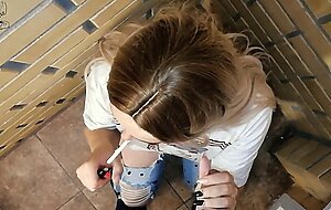 Cheese cake, a real blond girl smokes, sucks and fucks in public, at the porch