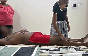 Flashing dick to massage girl while massaging infront of wife