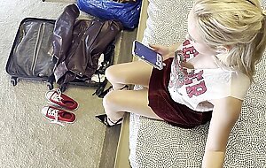 Big tits hot blonde fully clothed gives a big cock guy handjob for cock teasing and not for orgasm