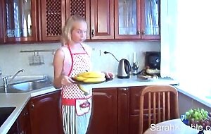 Kitchen cooking with Sarah Kimble and her small tits