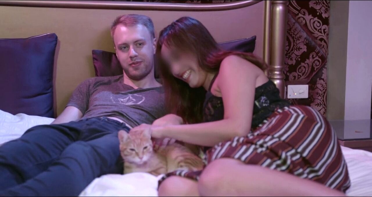 Curvy Asian beauty pleasured as feline observes