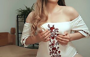 A horny wife is bouncing her ass over my dick. It had to end cum on big tits.