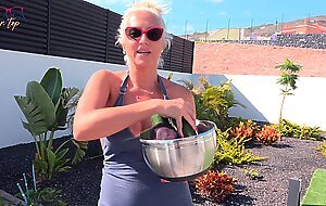 Milf Fucks Gardener with Cucumber, Pissing, and Gets Anal Creampie