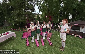 Vr bangers: three teen scouts in uniform fuck hard in a camping orgy