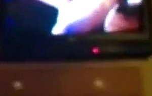 Wife sucking him off during porn