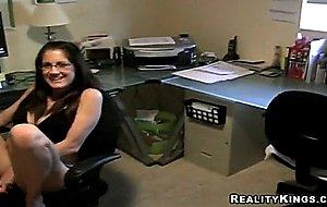 Busty brunette stuffs her pussy with toy in close up