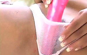 Big racked Sheila Grant in white panties takes pink vibrator