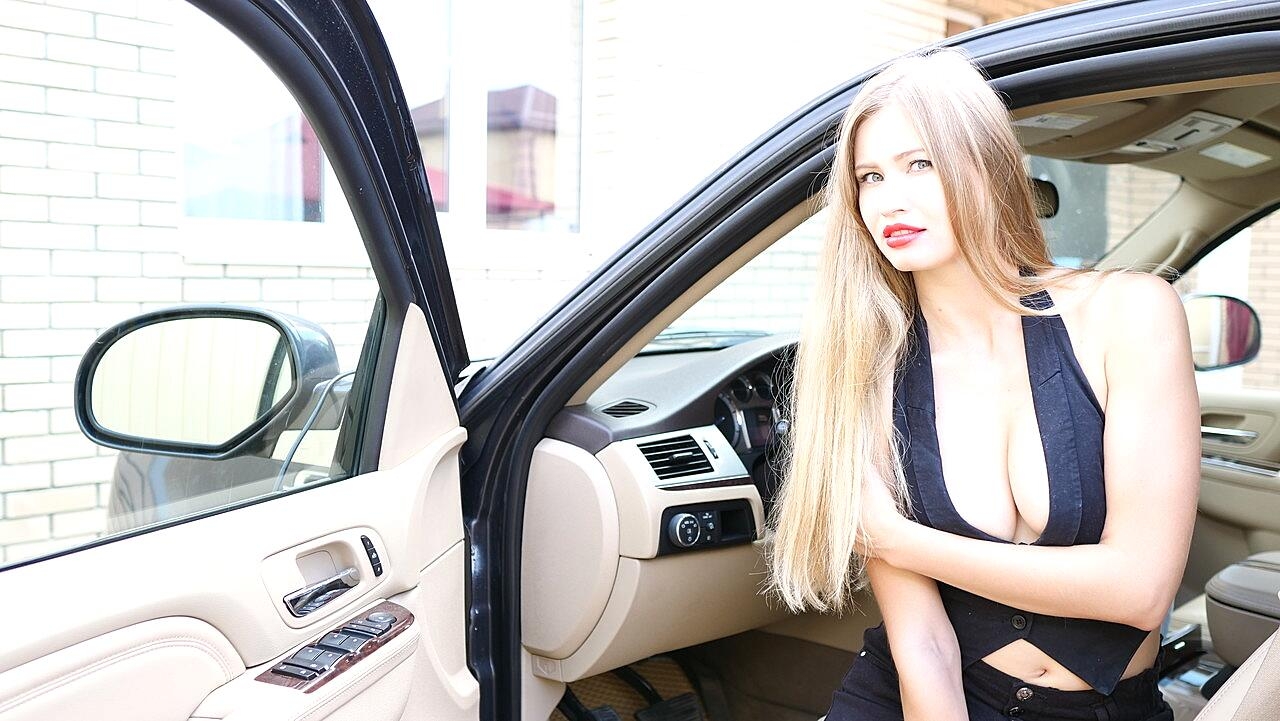 Stunning Blonde Stella Cardo Poses In Sexy Outfit A Car & In A Sexy Bikini Big-Tits, Bikini, Clothed, Outdoor