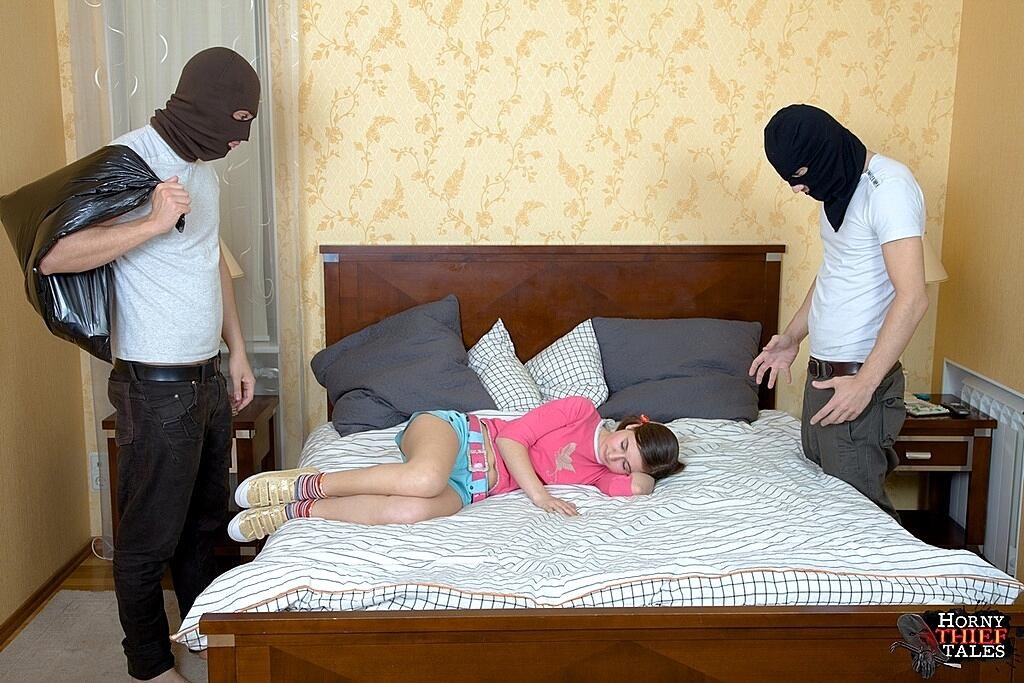 Young Looking Girl Maia Gets Fucked And Jizzed On By Masked Home Invaders Doggy-Style, Fetish, Groupsex, Threesome