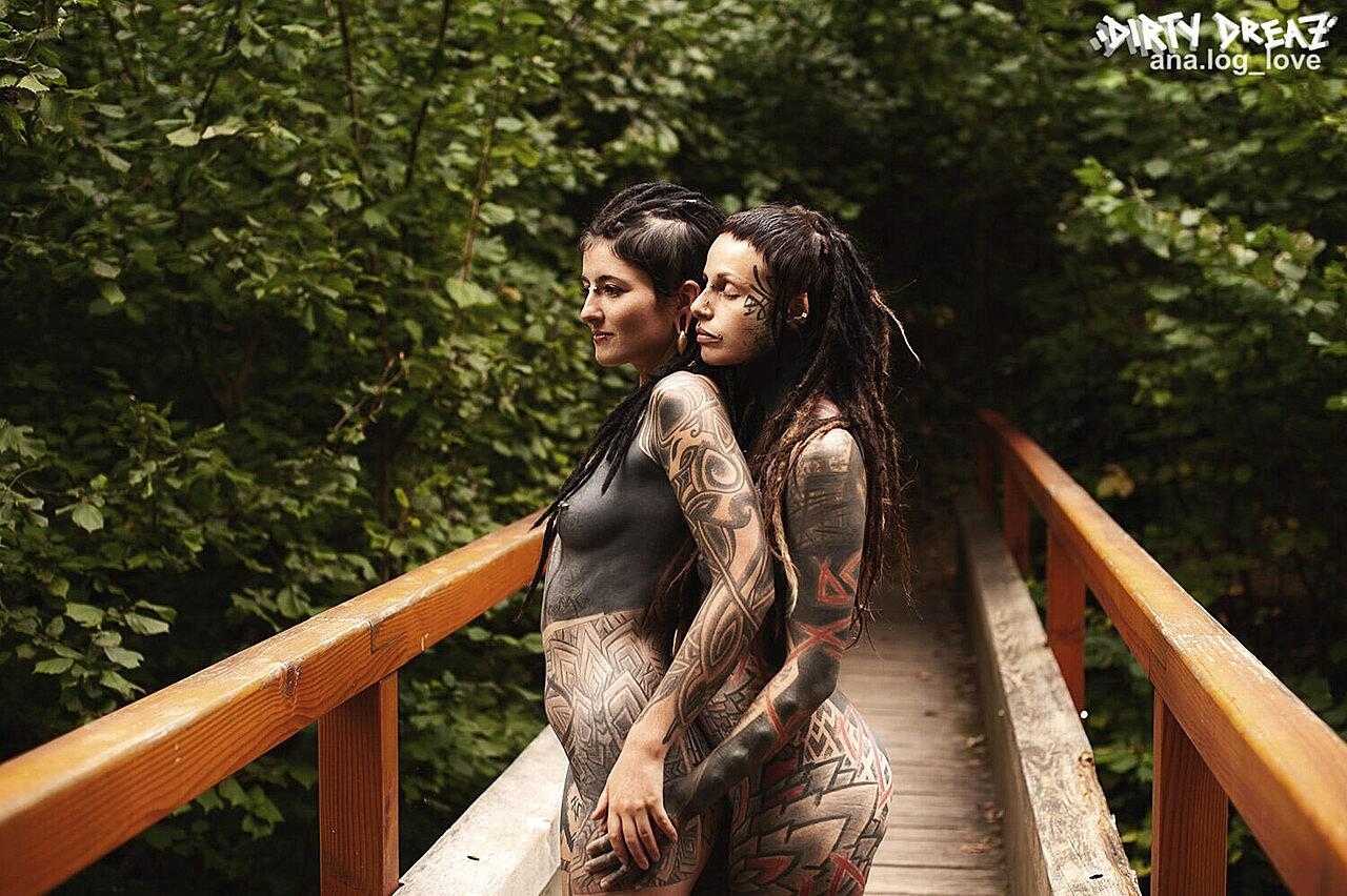 Heavily Tattooed Lesbians Hold Each Fetish, Humping, Outdoor, Piercing, Tattoo