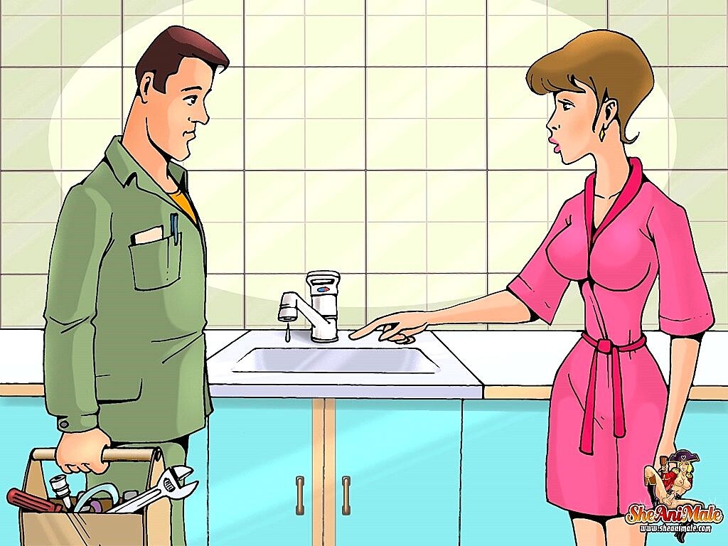 Busty cartoon shemale takes care of a plumber and fucks him in the ass